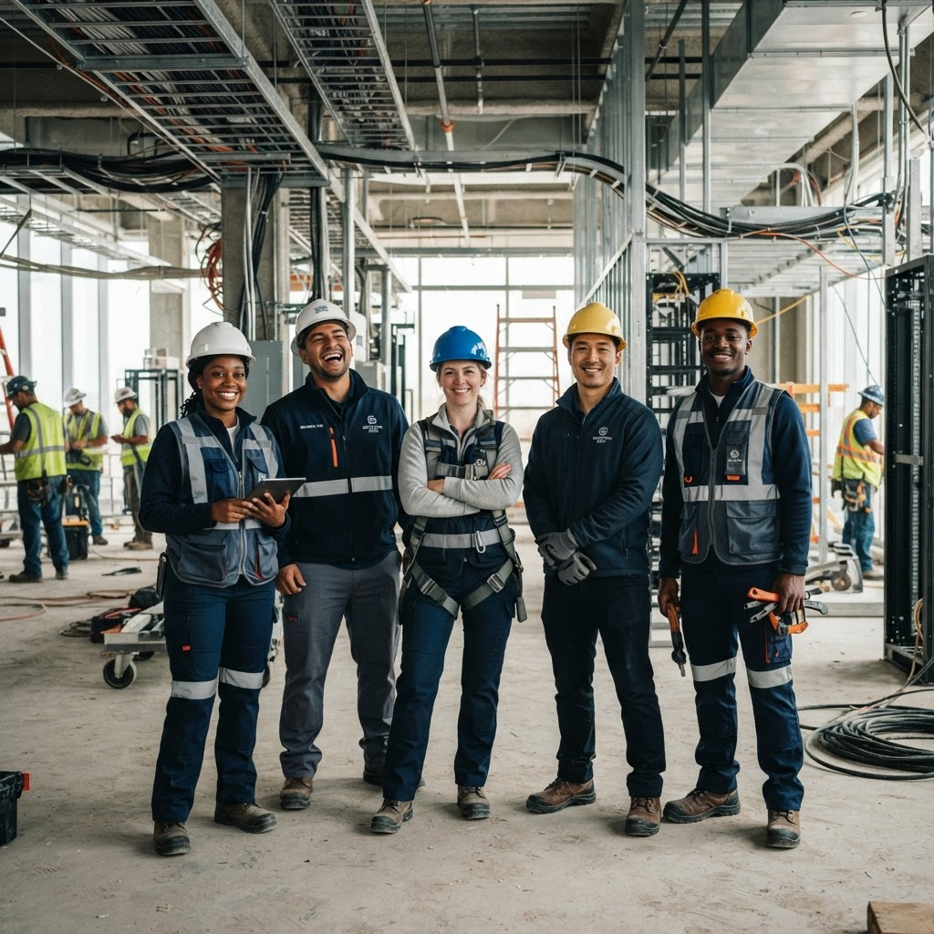 A diverse group of skilled-trade workers in safety gear inside a data-center construction site